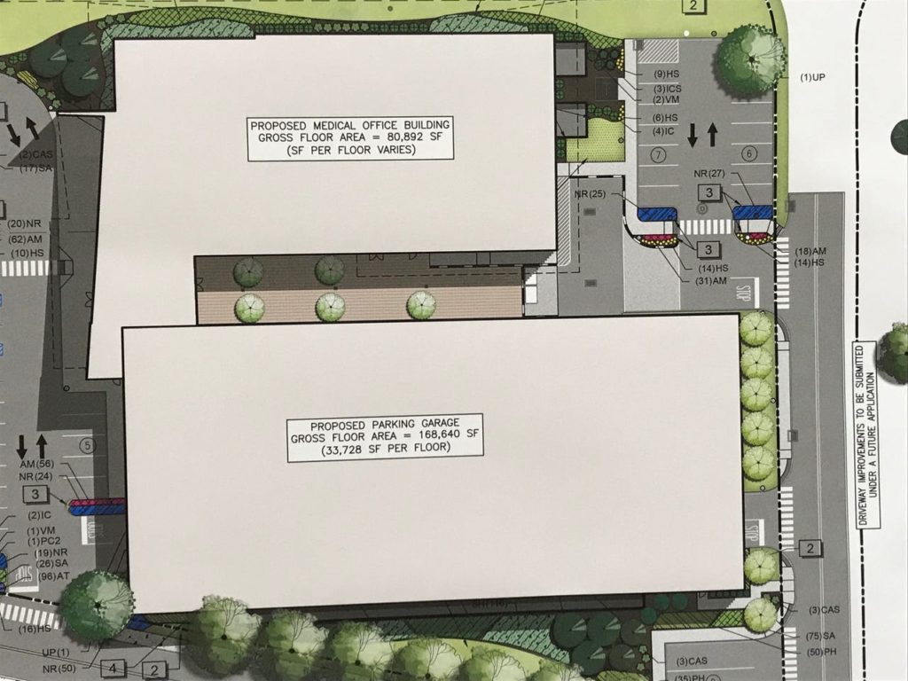 Over head drawing of the proposed 80,000 square foot medical building and accompanying parking garage on a portion of the former Hoffman-La Roche site in Clifton.  Image source: northjersey.com, Photo by Matt Fagan, Oct. 4, 2019.
